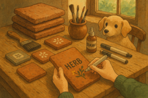 Blog Studio Ghibli-style cozy workbench with a person painting clay roof tiles, surrounded by coasters, garden tools, and a curious dog