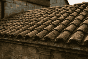 Weathered clay roof tiles on a historic building.