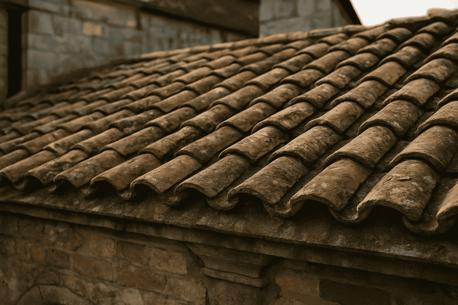 Weathered clay roof tiles on a historic building.
