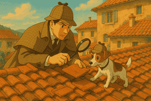 Cartoon detective and dog examining roof tiles with a magnifying glass.
