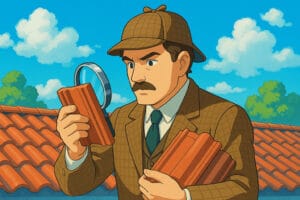 Cartoon detective examining clay roof tiles with a magnifying glass.