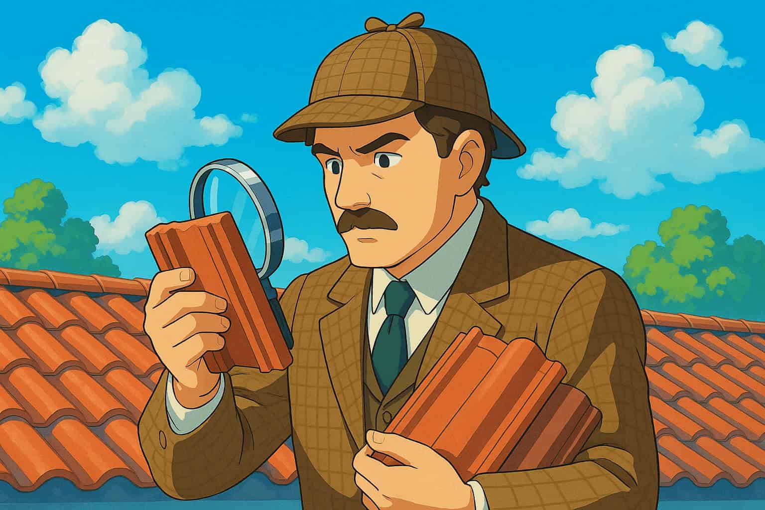Cartoon detective examining clay roof tiles with a magnifying glass.