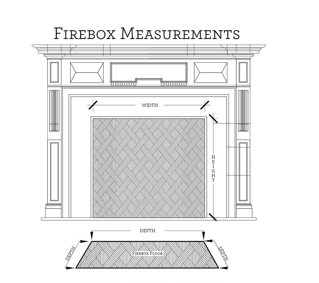 Line drawing diagram showing how to measure firebox width, height, and depth for installing clay roof tiles as firebacks.