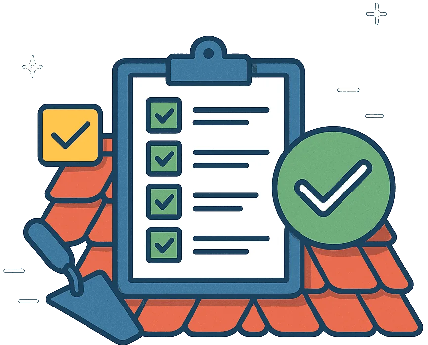 Illustration of a roofing checklist with red clay tiles, clipboard, and check marks representing roof inspection and repair tasks