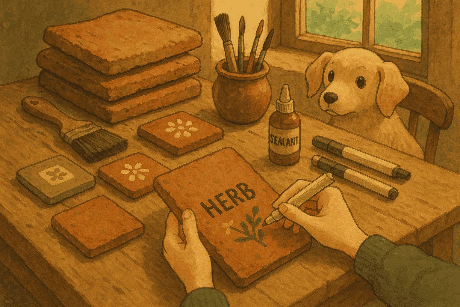 Decorating Clay Roof Tiles for Creative Reuse Hands decorating clay tiles with patterns while a dog watches.