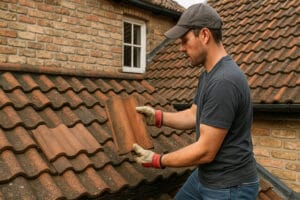 Roofer comparing weathered clay roof tiles on an older home during restoration