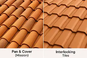 Side-by-side comparison showing Pan & Cover (Mission) clay roof tiles with curved two-piece design beside Interlocking clay roof tiles with tight-fitting single-piece joints, illustrating maximum weather protection from wind-driven rain and snow.