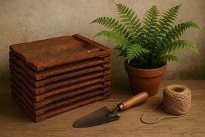 A stack of reclaimed clay roof tiles with a fern plant, garden trowel, and jute twine, styled as a natural green-building hero image.