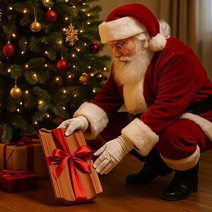 Santa Claus placing a roof tile wrapped with a red ribbon under a Christmas tree.