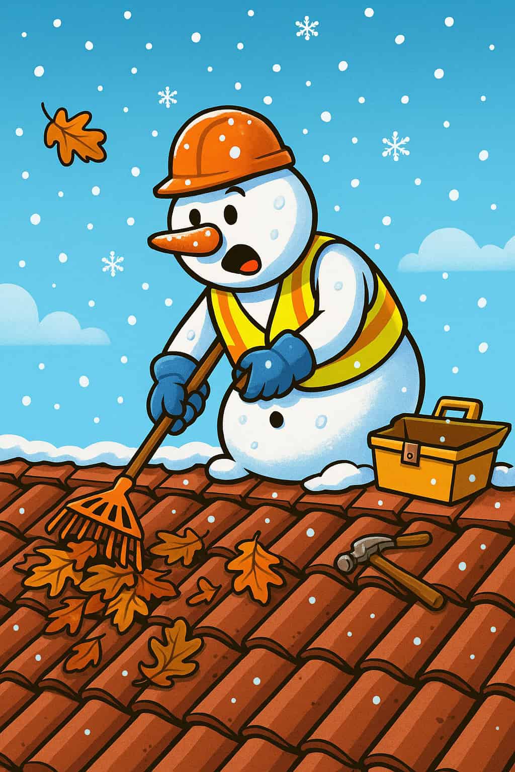 Cartoon snowman in a safety vest clearing leaves off a clay tile roof during snowfall