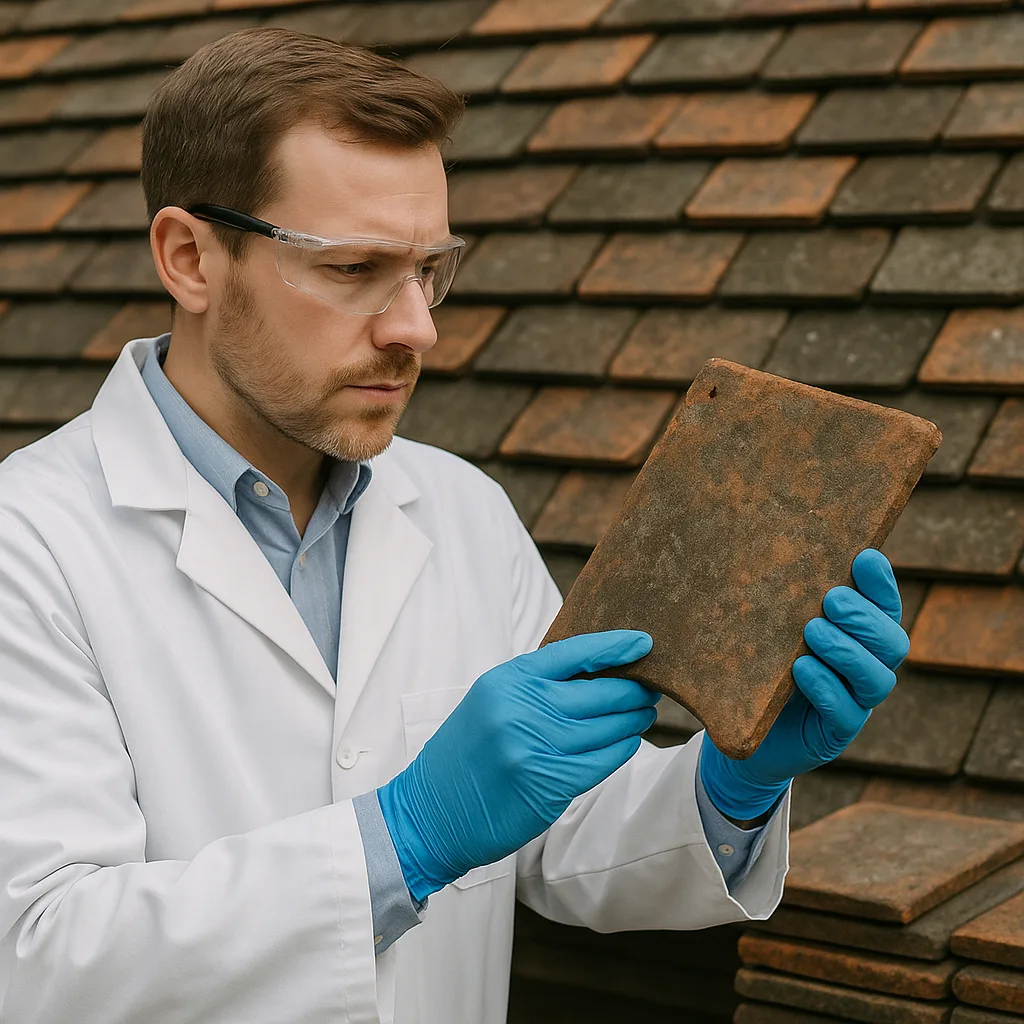 lab-tech-inspecting-reclaimed-clay-roof-tile-quality-check Lab technician wearing safety glasses and gloves inspecting a reclaimed clay roof tile for quality, durability, and structural integrity.